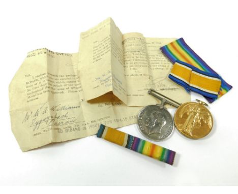 WWI MEDALS. A WWI pair, British War Medal & Victory medal with ribbon bar to 75195 PTE. W.E. WILLIAMS. WELSH R.  Please note 