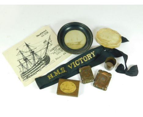 H.M.S. VICTORY ETC. Various souvenirs of H.M.S. Victory, including a photograph, paperweight, copper vesta case, photographic
