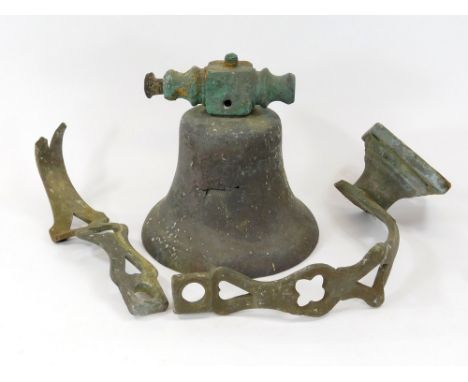 SHIP'S BELL & HANGER. A ship's bronze bell & hanger recovered from the wreck of the Acklington which the Runnelstone Reef & t