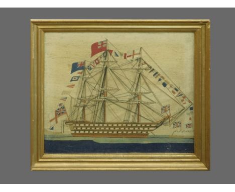 WOOLWORK SHIP PORTRAIT. A 19th century woolwork portrait of an early 19th century 1st rate three decker British man of war at