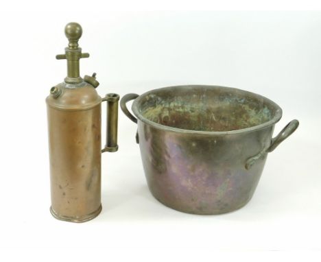 COPPER PAN ETC. A 19th century copper pan with rolled-over rim & cast bronze handles. Diameter 33cm. Also, a brass & copper f