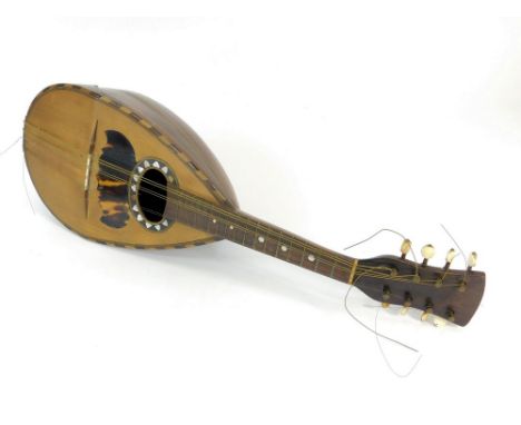 MANDOLIN. A mandolin inlaid with tortoiseshell & mother of pearl. Paper label for Luigi Gorradotti, Roma. Length 60cm. (Requi
