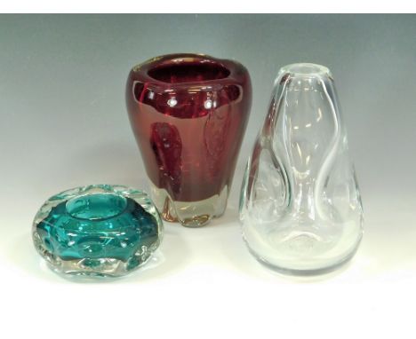 LISKEARD GLASS ETC. A Liskeard turquoise blue & clear 'knobbly' candle holder, stamped. Also, a Liskeard clear glass vase wit