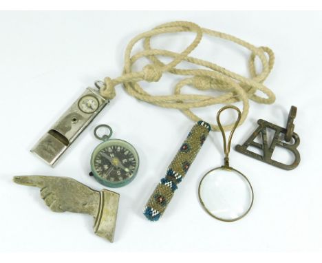 MISCELLANEOUS. A Girl Guides whistle/compass on lanyard. Also, a 19th century beaded needle case, a novelty ABC metal puzzle,