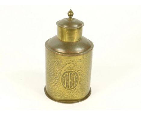 HERBERT DYER. A Herbert Dyer, Mousehole copper & brass tea caddy, with decorative seam, hammered decoration & repousse 'Tea'.