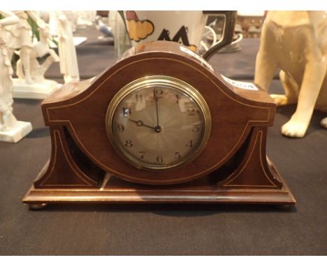 Edwardian mantel clock with satin wood inlaid stringing  CONDITION REPORT: This item is working at lotting up.