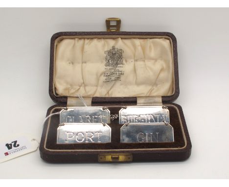 An Unusual Set of Four Hallmarked Silver Double Sided Decanter Labels, Elkington &amp; Co, Birmingham 1938, Gin / Sherry, Por