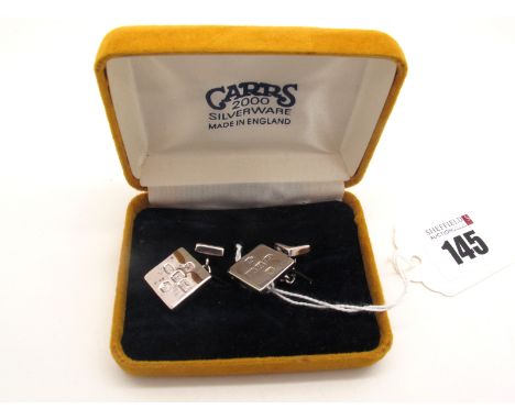 A Pair of Modern Stylish Hallmarked Silver Ingot Cufflinks, RC (Carrs), Sheffield 2000, bearing feature hallmarks, on chain c