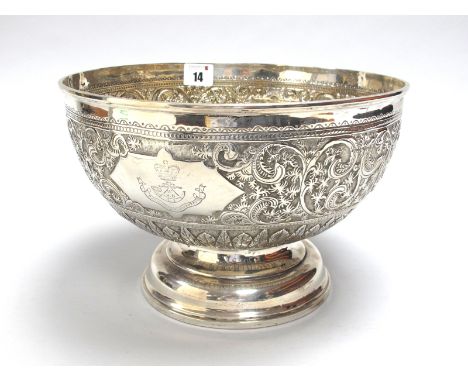 Regimental Interest; A Victorian Hallmarked Silver Footed Bowl, Charles Boyton, London 1892, allover profusely detailed in re