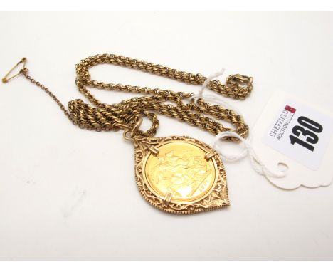 A Victoria Sovereign, 1891 (S) loose(?) set within decorative pendant mount, suspended on a 9ct gold ropetwist chain (overall