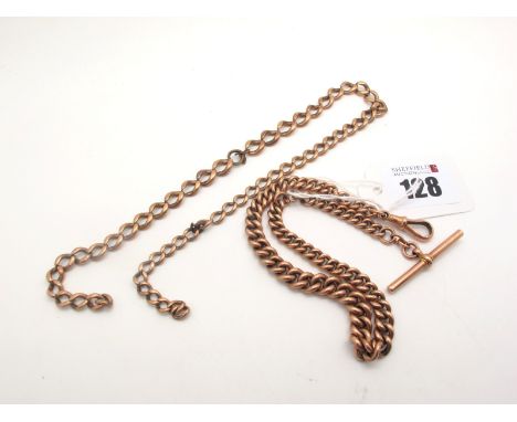A Graduated Curb Link Albert Chain, (links indistinctly stamped "9") to single swivel style clasp, suspending a T-bar stamped