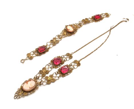 A Vintage Italian Gilt Filigree Cameo Necklace, oval collet set to the centre with an oval shell carved cameo, depicting fema