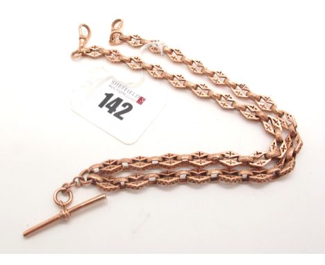 A 9ct Rose Gold Fancy Link Double Albert Chain, of textured and pierced design, to double swivel style clasps, suspending a T