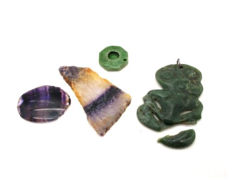 A Maori (New Zealand) Carved Greenstone Hei-Tiki Pendant, (damage); Together with A Blue John Slice, approximately 6.5cm long