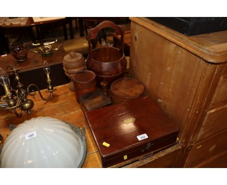A quantity of various wooden items to include pail, trinket box, leather collar box etc. 