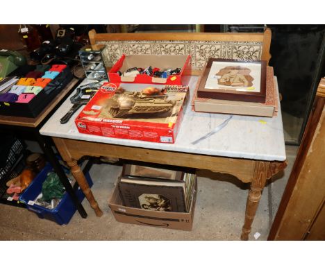 An oak marble topped and tile back washstand 