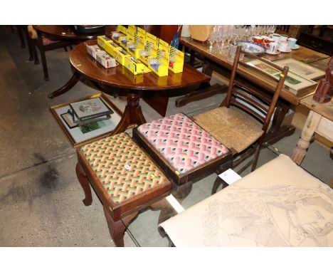 Two 19th Century upholstered stools and a rush seated ladder back chair 