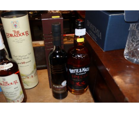 A 1L bottle of Whyte & Mackay special blended Scotch Whisky and a boxed bottle of Rubis Chocolate Velvet Ruby wine