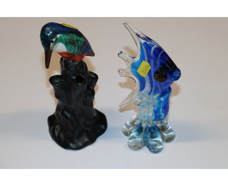 A Murano style glass model of a fish and a Wilkinson Pottery spill vase decorated with a kingfisher 