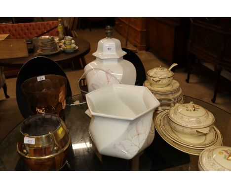A large decorative Murano Italy white glazed baluster table lamp base and similar jardini&egrave;re with floral decoration AF