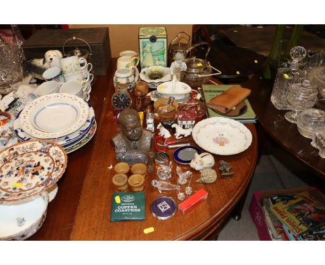 A quantity of various decorative china etc. to include crystal ornaments; silver plated biscuit barrel; clock; dressing table