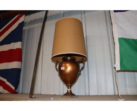 A copper table lamp made from a samovar complete with shade 