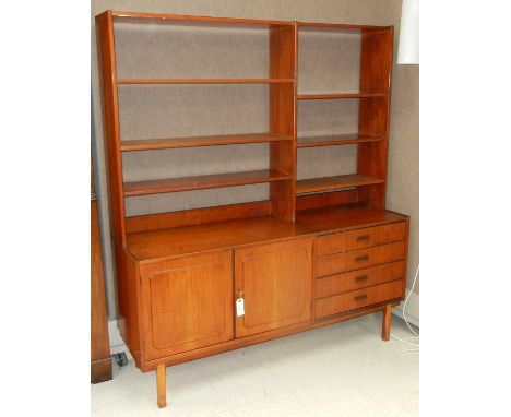 Mid 20th C. teak side 2-door, 4-drawer sideboard with a 6-shelf bookcase top. (2 drawer marked Made in Norway on the bottom).