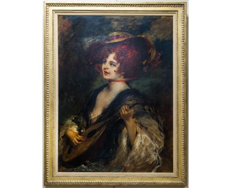 Leopold Schmutzler (1864 - 1941), Oil on board, Woman playing mandolin, signed upper right, L. Schmutzler. Framed. (Approx. 4