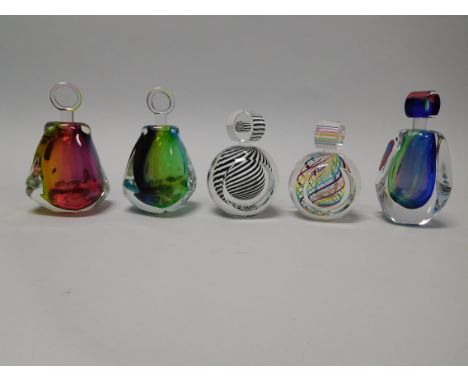 (5) Harrie glass paperweight perfume bottles, signed and with Harrie art glass label. (4) with paper labels titled, Guava, Ge