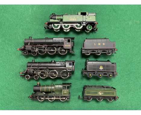 Four 00 gauge locomotives by Bachmann and Hornby including LMS Black Five, LNER N2, BR Standard 4MT 4-6-0, and ex-GWR Collett