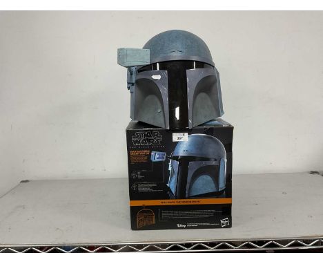 A Hasbro The Black Series Star Wars 1:1 Scale Mandalorian Death Watch Electronic Helmet, instruction leaflet present, boxed.