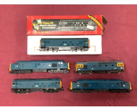 Five 00 gauge BR Blue diesel locomotives by Hornby and Lima, untested.