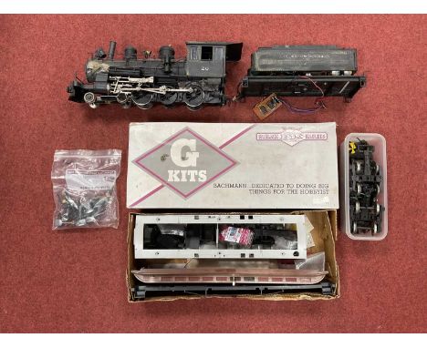 A G gauge American outline 4-6-0 locomotive and tender (repairs needed) by Bachmann together with a G gauge kit Combine coach