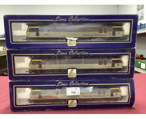 Three boxed Lima 00 gauge Class 92 Electric locomotives in RFD livery, untested.