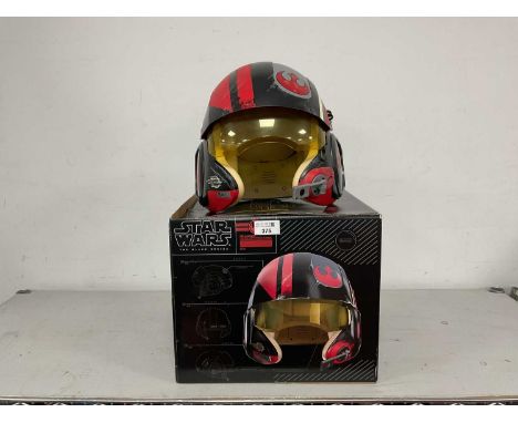 A Hasbro Star Wars 'The Black Series' Poe Dameron 1:1 Scale Electronic Helmet, packaging has been opened, instruction leaflet