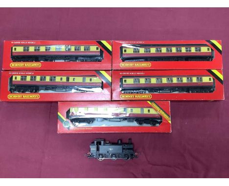 A Hornby 00 gauge 0-6-0 Jinty tank engine and five boxed Hornby coaches in BR Red and cream livery, untested.