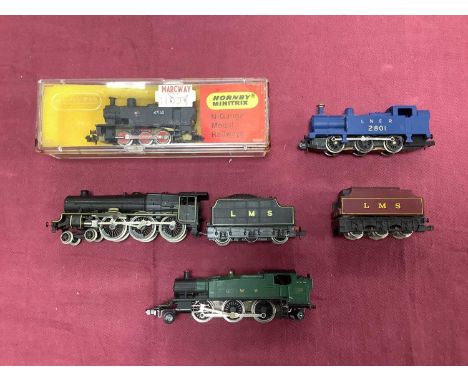 Four N gauge steam locomotives including a boxed Hornby Minitrix 0-6-0 tank engine, together with an LMS livery tender drive 