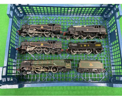Five Hornby Dublo 00 gauge locomotives including a two-rail "Duchess of Montrose" and an LMS 0-6-2 tank engine, untested.