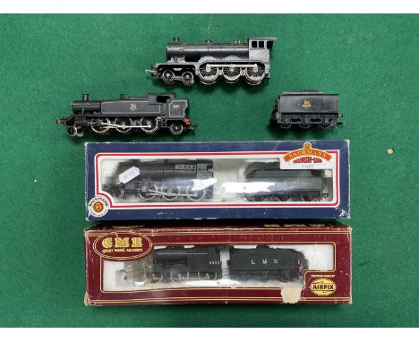 Four 00 gauge steam locomotives by Airfix, Bachmann and Hornby, including 43xx (wrongly boxed), 4F 0-6-0, B12 and 2-6-2 large