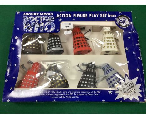 A Circa 1996 Doctor Who Dalek Action Figure Play Set by Dapol. Comprising of Seven Daleks and Davros. Detached parts noted to