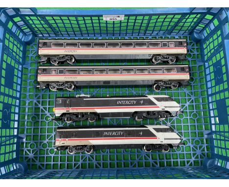 A Hornby 00 gauge Class 91 electric locomotive together with a Driving Van Trailer and two Mk 4 coaches all in InterCity live