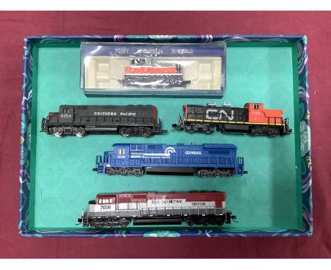 Five American outline N gauge diesel locomotives by Bachmann, Atlas and others, untested