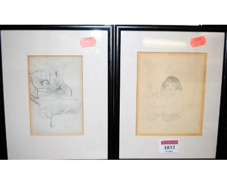 An unsigned pencil study 'Bedtime'; one other, and a profile portrait pencil with watercolour (3)