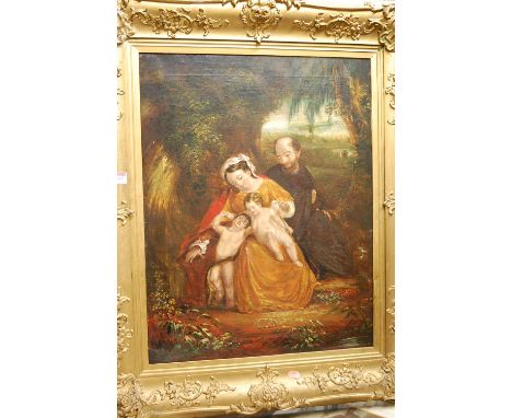 19th century Continental school - Family portrait study in the woods, oil on canvas, 64 x 50cm