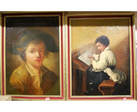 19th century oil on canvas of a boy writing, and a 19th century oil on canvas portrait bust of a young man