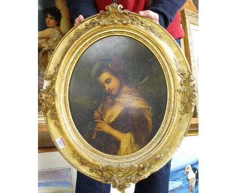 Late 19th century Continental school - Bust portrait of a young musician, print on copper, housed in giltwood and gesso frame