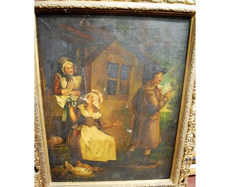 After George Morland - Farm labourers cottage, oil on canvas (a/f); after Edgar Hunt - Farmyard scene with chickens, oil; Cir