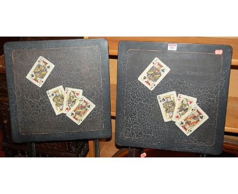 A pair of contemporary painted metal folding square card tables, each top surface decorated with playing cards