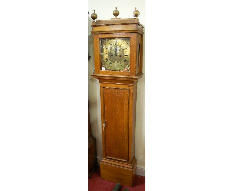 A circa 1800 provincial oak and pine cased longcase clock, the square brass dial signed Thomas Watts, Hadleigh, having eight 