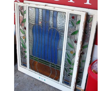 A pair of early 20th century white painted pine and coloured lead glazed inset sash window panels, each approx 109x99cm